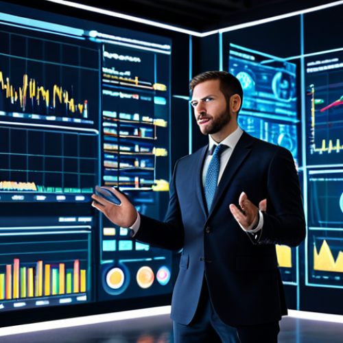 Home 7 A professional financial analyst, fully clothed in a modest business suit, stands in a sophisticated, modern data visualization lab. The analyst, with perfect anatomy and natural body proportions, observes intricate holographic projections of artificial intelligence algorithms and dynamic financial charts, gesturing with well-formed hands. The background features sleek architectural lines and subtle ambient lighting, emphasizing innovation and technological advancement. This image is safe for work, appropriate content, and professionally composed, ensuring correct proportions and proper finger count.